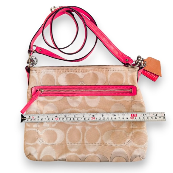 Coach Signature Gold Shimmer Canvas Crossbody Bag | Hot Pink Trim - Picture 10 of 13